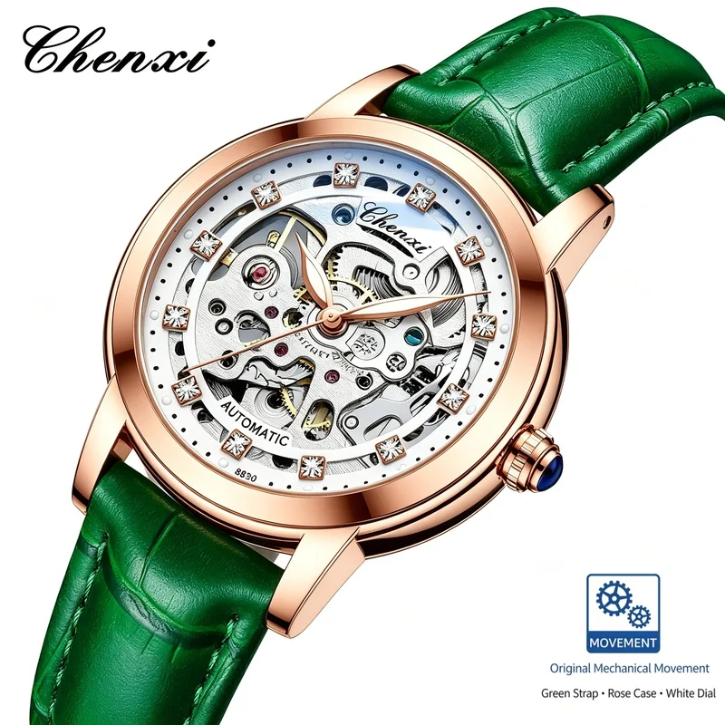 Fashion Ladies Skeleton Mechanical Watch Auto‑wind Diamond Studded Waterproof Elegant Wrist Watch for Women Casual Occasions