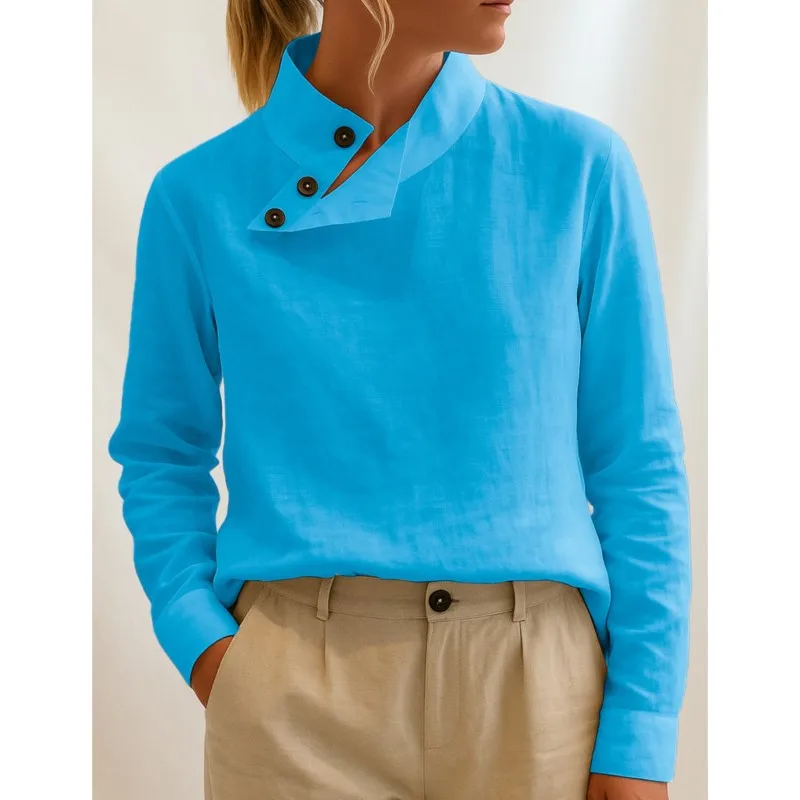 

Spring Autumn Women's Casual Long Sleeved Shirt Fashion Button Design Loose Stand Up Collar Top Comfort Versatile Ladies Blouses
