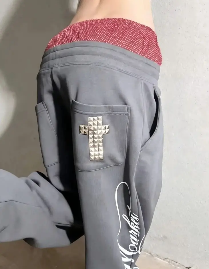 2026 punk style rivet cross double-layer polka dot waist wide leg sweatpants, Y2K street style pants