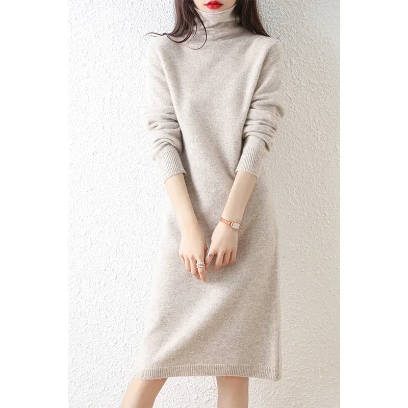 Autumn Winter 100% Wool Thicken Sweater  Long Dress Warm Basic Knit Pullover Women Slim Dress Solid Color Casual Dresses