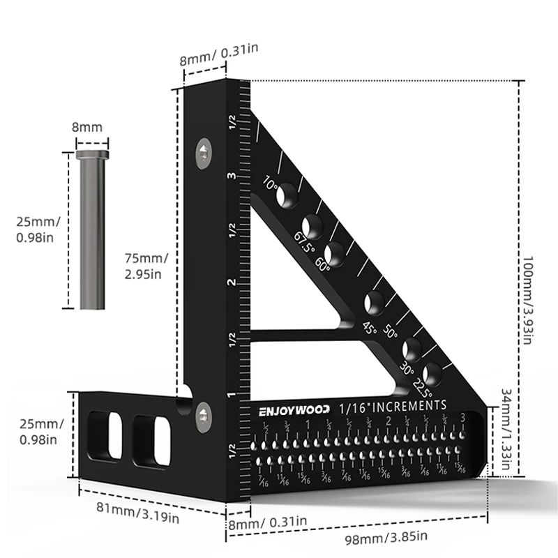 ENJOYWOOD 3D Multi-Angle Measuring Ruler Square Protractor Hole Positioning Inch/MM Aluminum Alloy T-Type Triangle Scriber Tool