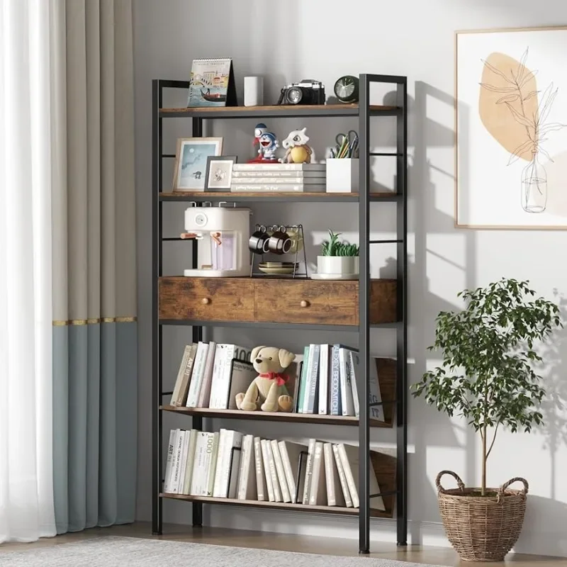 YAOHUOO Bookshelf with Drawers- Widen Industrial Book Shelf,5 Tiers Tall Storage Shelves, Steel Frame Display Rack