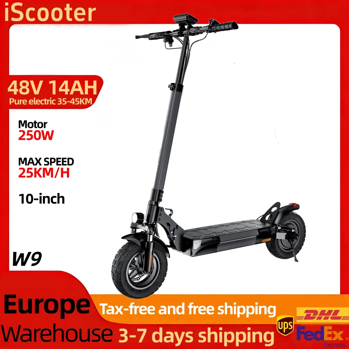Image of iScooter W9 48V 14AH Elektroroller für Erwachsene, 250W Motor, herausnehmbarer Lithium-Akku, tragbarer E-Scooter, 10-Zoll-Reifen, reine elektrische Reichweite 35-45KM, faltbarer Elektro-Kick-Scooter,