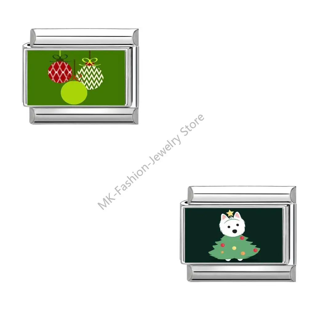 

Q6PF Italian Charm Link Beads Stainless Steel Texture Christmas Jewelry Finding