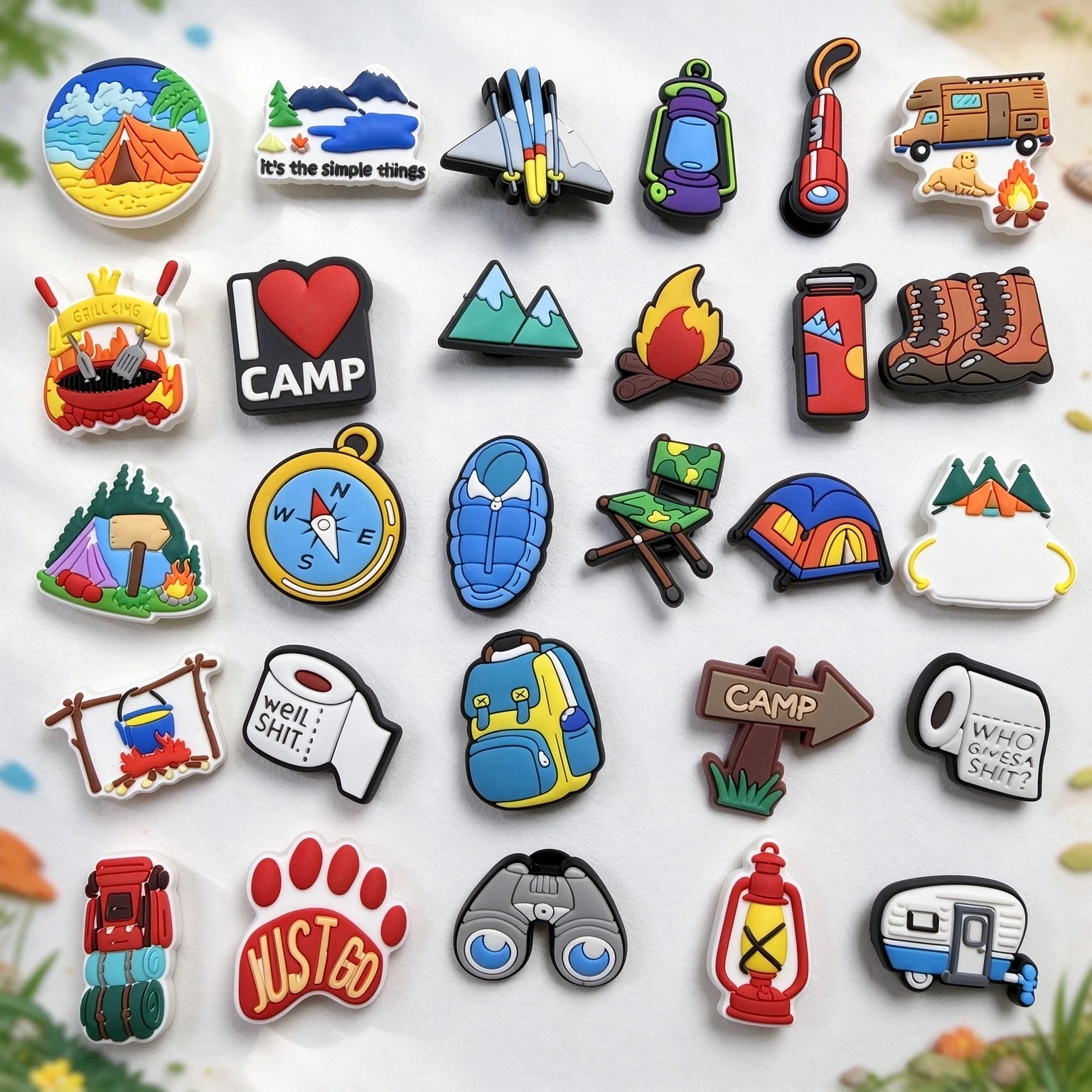 14-100pcs/set Camp Ski Sleeping Bag Backpack Shoe Buckle Accessories PVC Sandal Shoes Charms Clogs Pins Decor Woman Party Gift