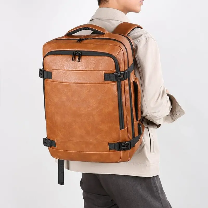 2027 NEW  Men Backpack PU Leather Bagpack Large laptop Backpacks Male Mochilas Casual Schoolbag For Teenagers Boys Brown