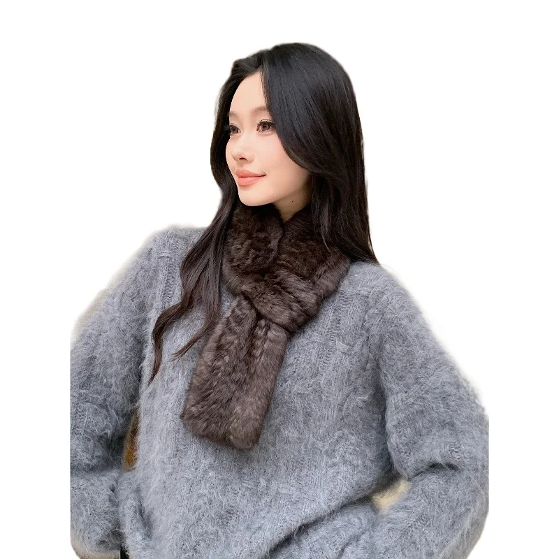 

Rabbit Fur Knit Scarf Brown Luxury Real Fur Winter Warm Fashionable Neck Wrap