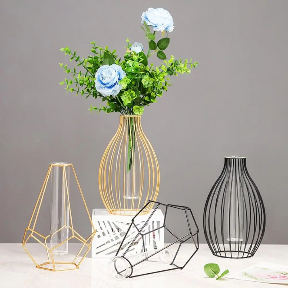 Nordic Iron Vase Detachable Non Slip Bottom Built-in Glass Tube Golden Black Greenery Vase Plant Flower Vases Home Decor