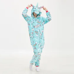 Blue Flying Horse Hooded Flannel One-piece pajamas Cartoon Button Onesie Couple Sleepwear Leisure wear Halloween Cosplay