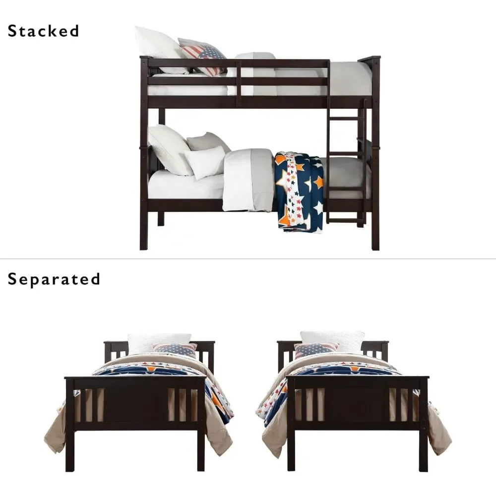 Convertible Wood Bunk Bed, Stackable and Detachable Bed Frames for Kids and Teens, with Ladder, High Guardrail, Wood Slats