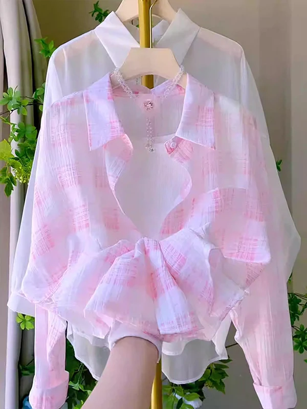 

Women's Summer 2025 New Loose Plaid Collar Sun Protection irt Thin Breathable Open Cardigan Korean Sle Long Sve