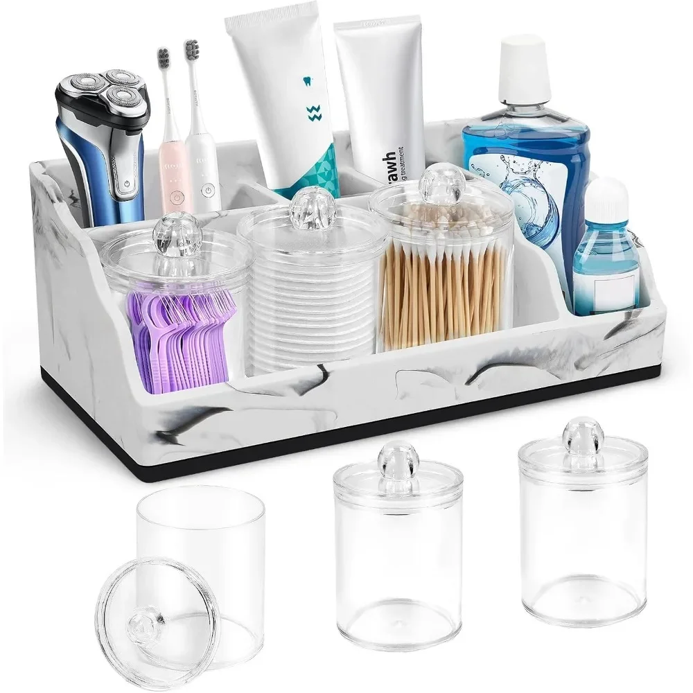 

Bathroom Organizer Countertop, White Marble Toothbrush Holders for Bathrooms with 3PCS Qtip Holder Dispenser, Toothbrush and