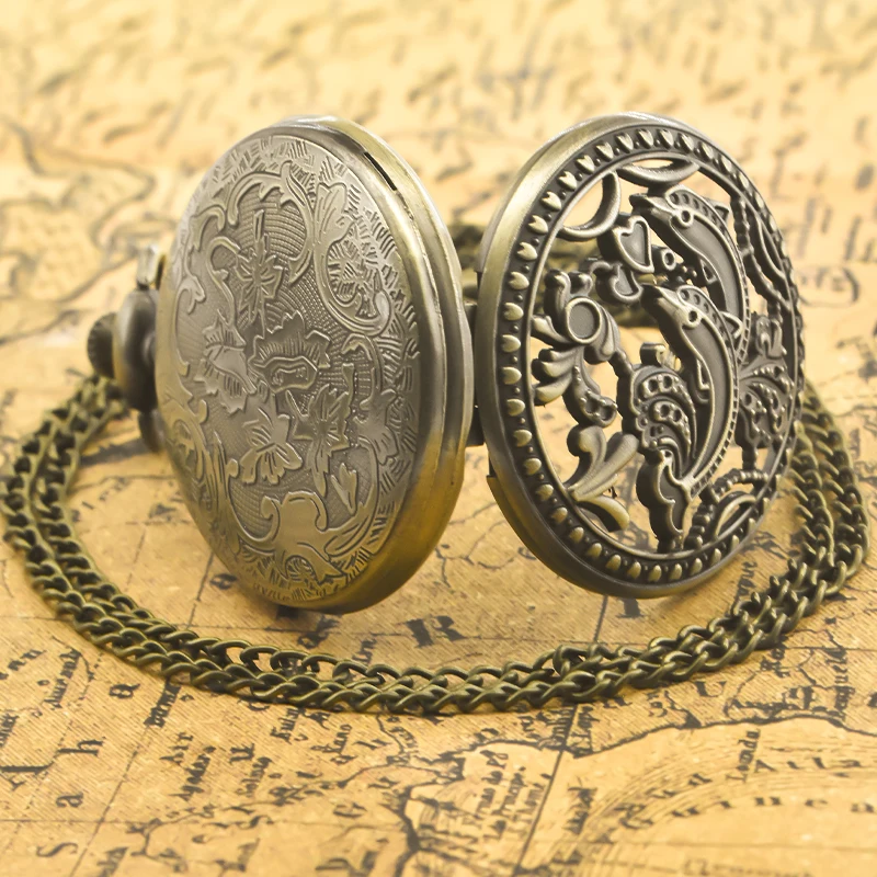 Vintage Bronze Steampunk Jumping Dolphin Sculpture Quartz Pocket Watch Necklace Pendant Clock Chain Men Women Chain Gift