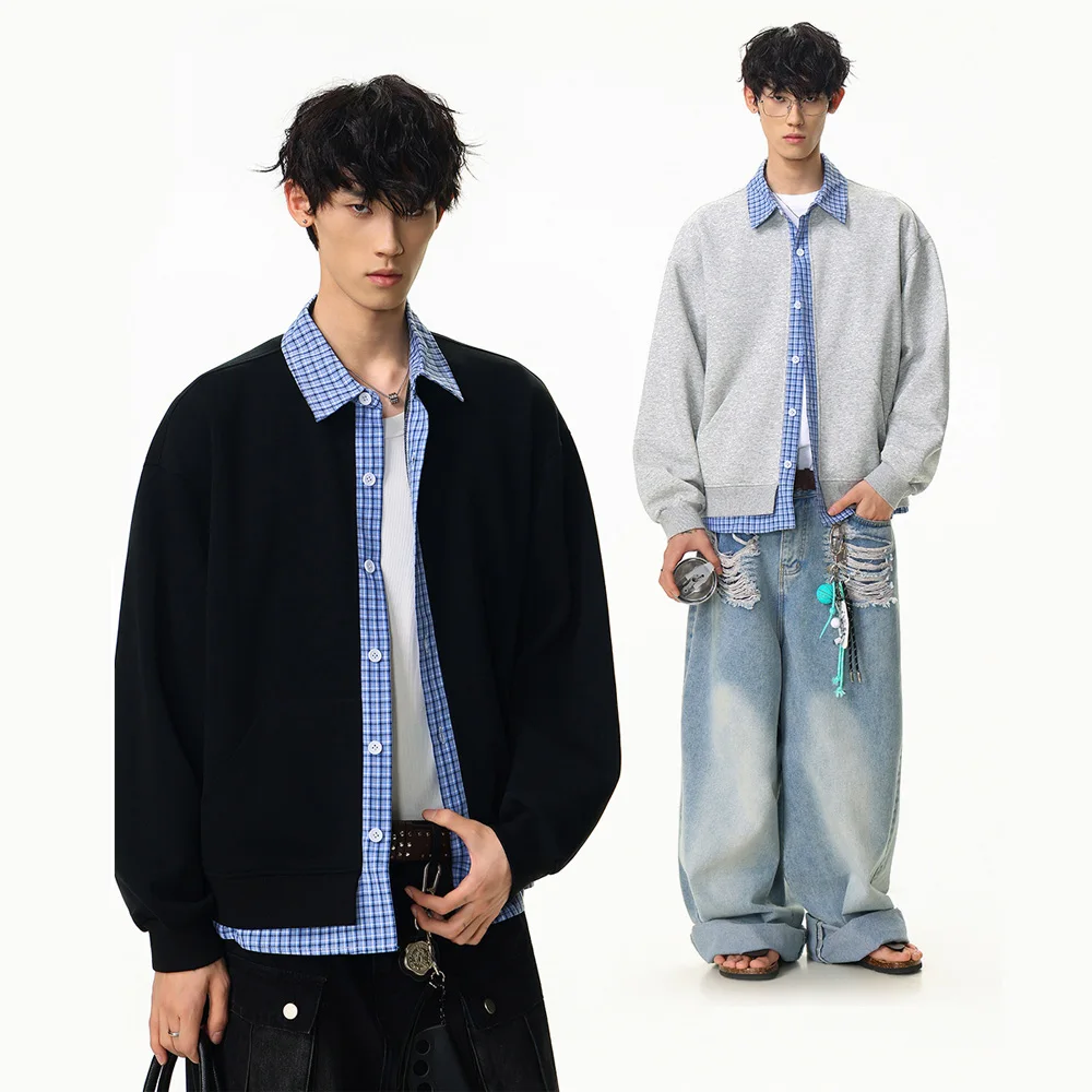 

Autumn Splice Plaid Campus Boys Cardigan Coat Men Spring Autumn Streetwear Fashion Loose Casual Sportwear Sweatshirts Jacket