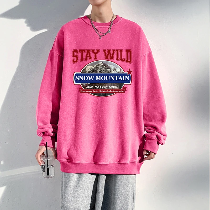 Vintage Men Acid Wash Hoodie Stay Wild Snow Mountain Prints Sweatshirt Cotton Oversize Casual Pullover Autumn Couple Clothes