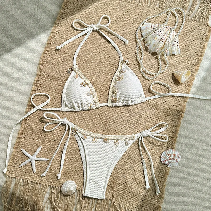 Sexy Lace-up Shell Decoration Bikini Set For Women Summer Boho Beach Swim Wear Casual Floral Pirnted Two Pieces Suit Swimsuit