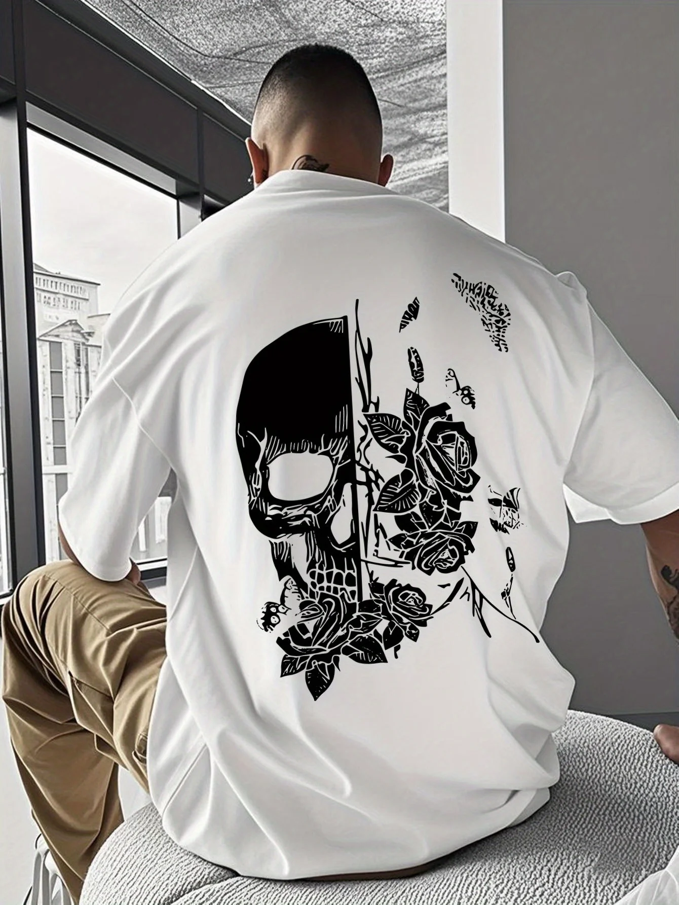 Skull and Roses Gothic Art Graphic Tee for Men Breathable 100% Cotton Perfect for Summer Streetwear Trendy Dark Aesthetic Style