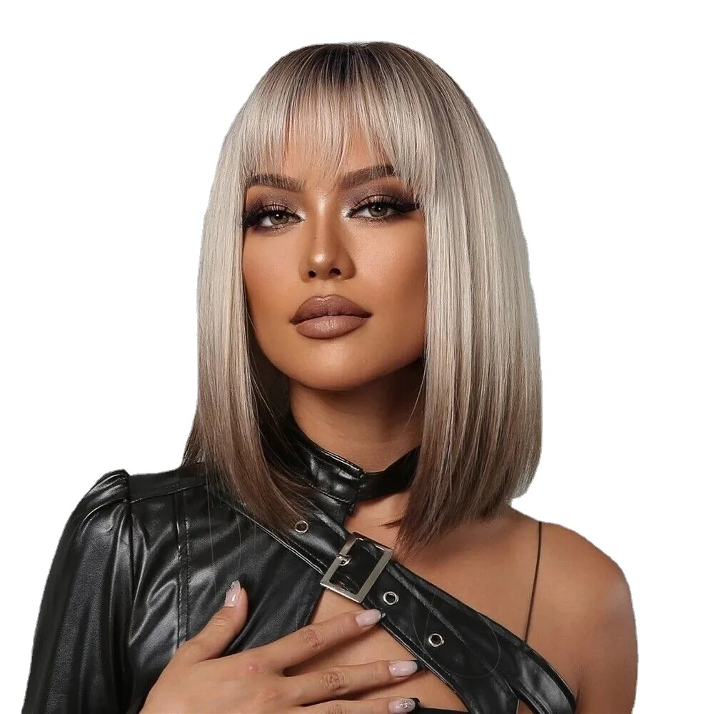 

Straight Synthetic Short Wigs for Women Blonde to Brown Bob Wigs with Bangs Daily Cosplay Heat Resistant Night Club Hair Store