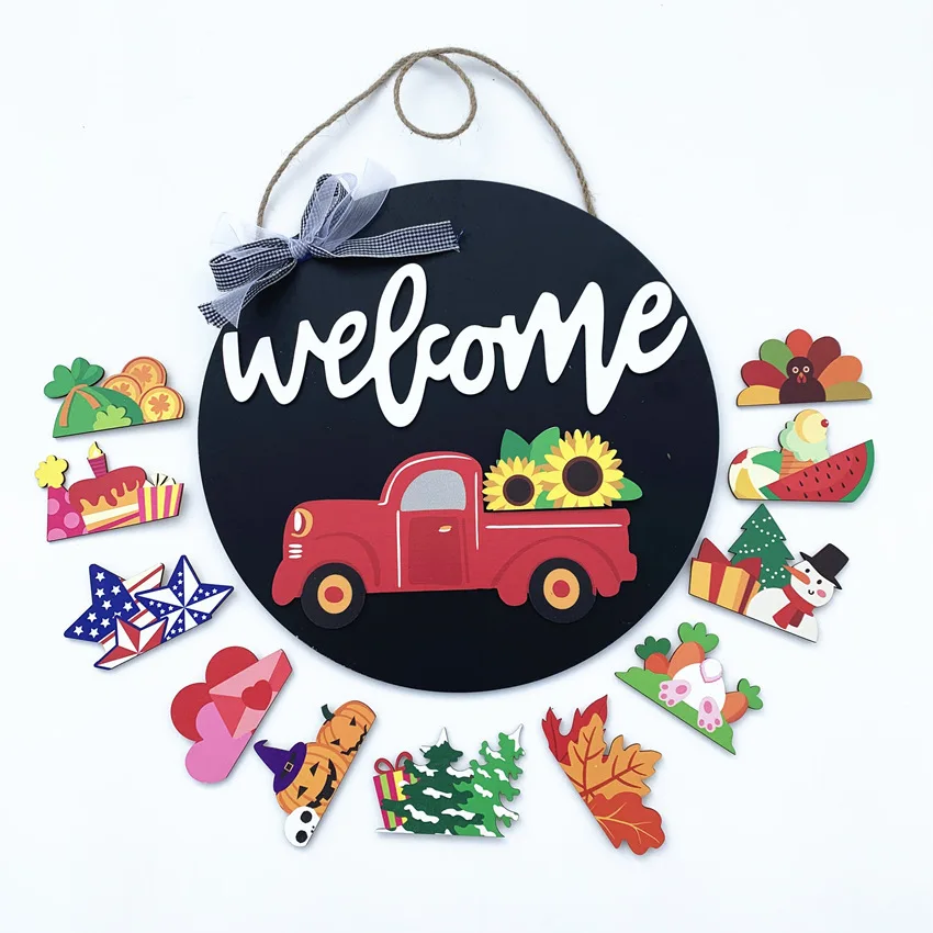 Welcome To Flower Wreath Wooden Hanger Country Door Hook Welcome Wooden Decorative Crafts Door Decoration Hanger