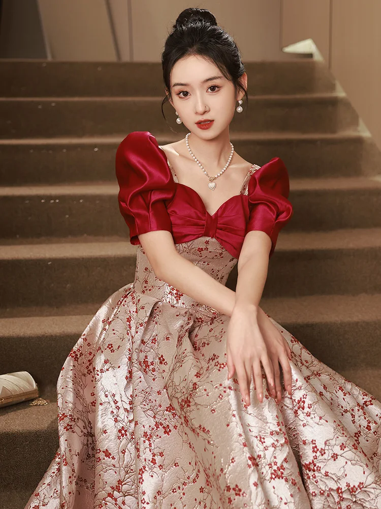 

Elegant Burgundy Women Floral Print Prom Dresses French Square Collar Bow Lace-Up Long Evening Dress Female Banquet Gowns