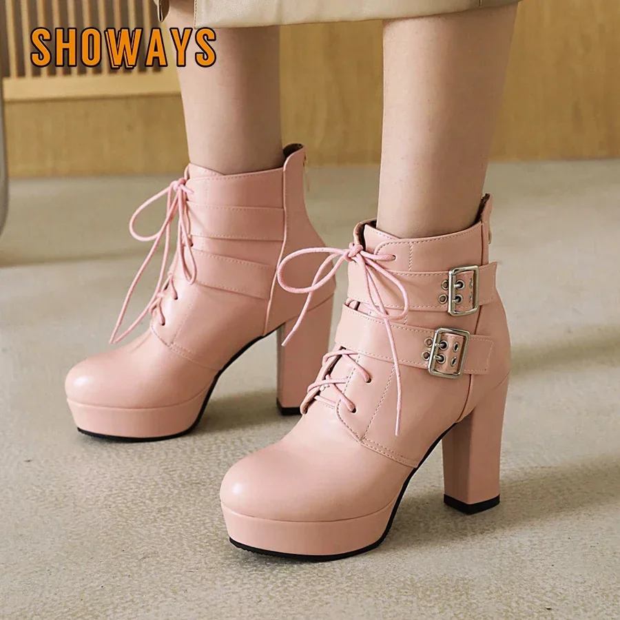 

Winter Plush Ankle Boots Women High Chunky Heels White Pink Red Party Dress Ladies Punk Buckle Strap Zipper Platform Short Boots