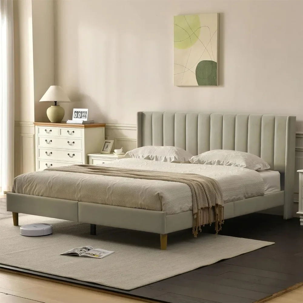 Upholstered Platform Bed Frame//Geometric Double-wing Design Headboard/flannel and Linen Fabric, Full Queen King Bed Frame