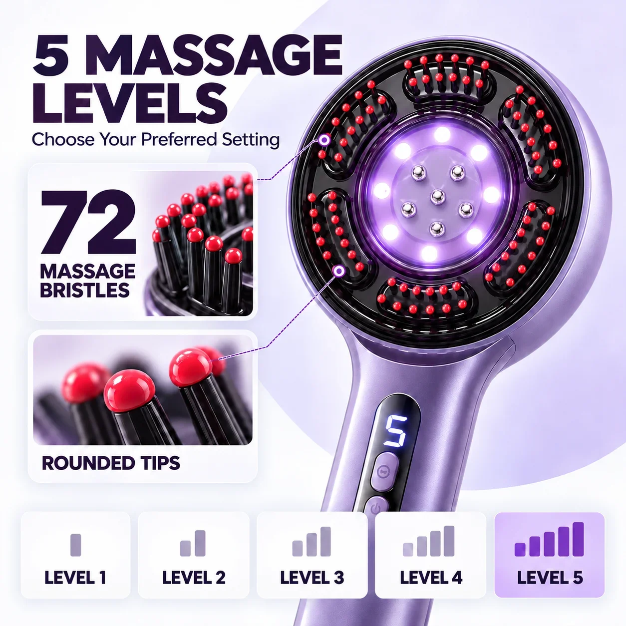 Electric Scalp Massager Comb 5 Levels 3 LED Light Modes Serum Applicator USB-C Rechargeable Head Massage Brush for Men and Women