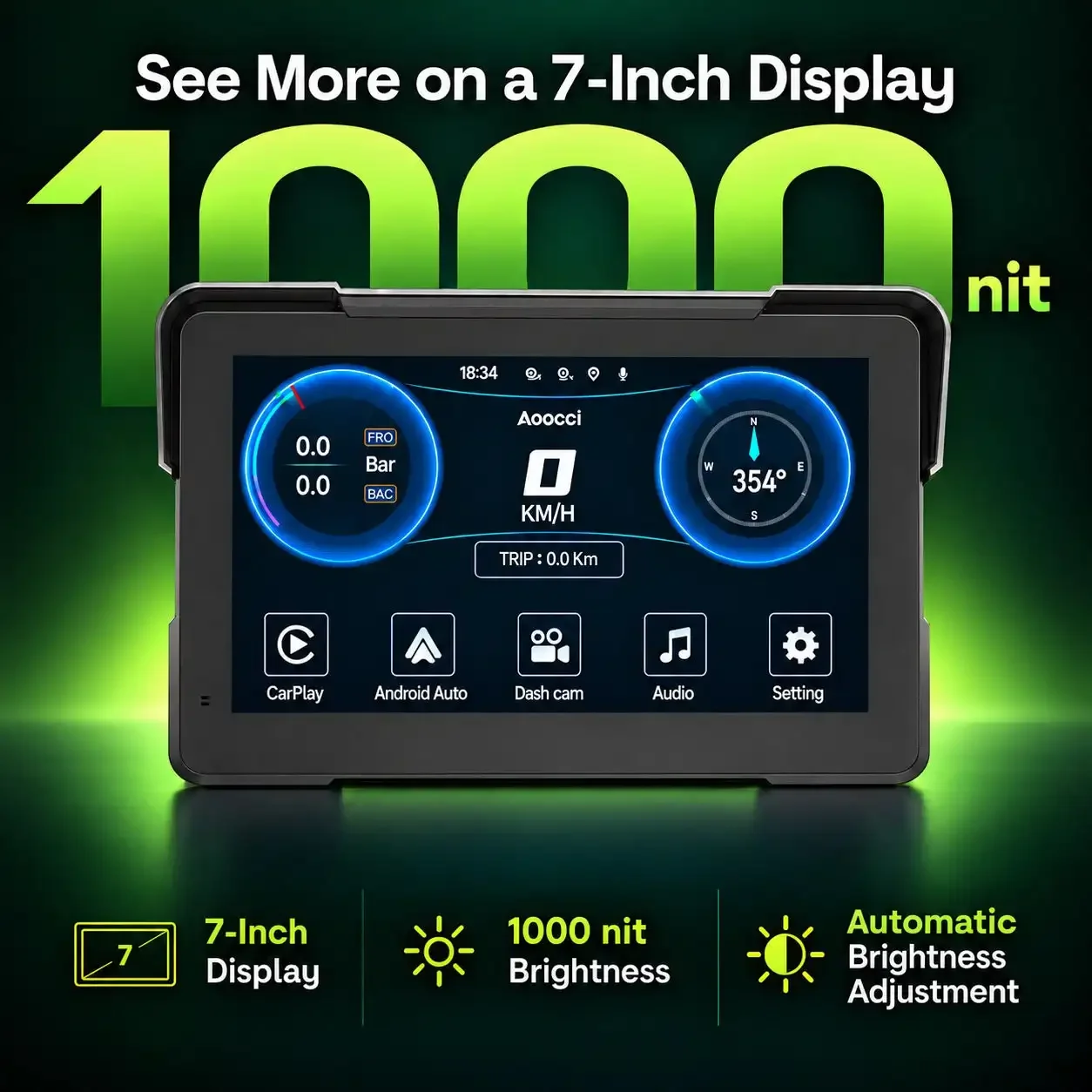 Aoocci D7B 7" Motorcycle Smart Display Wireless CarPlay Android Auto Dual 2K Dash Cam 10Hz GPS AI Visual Radar TPMS IP67 view 2