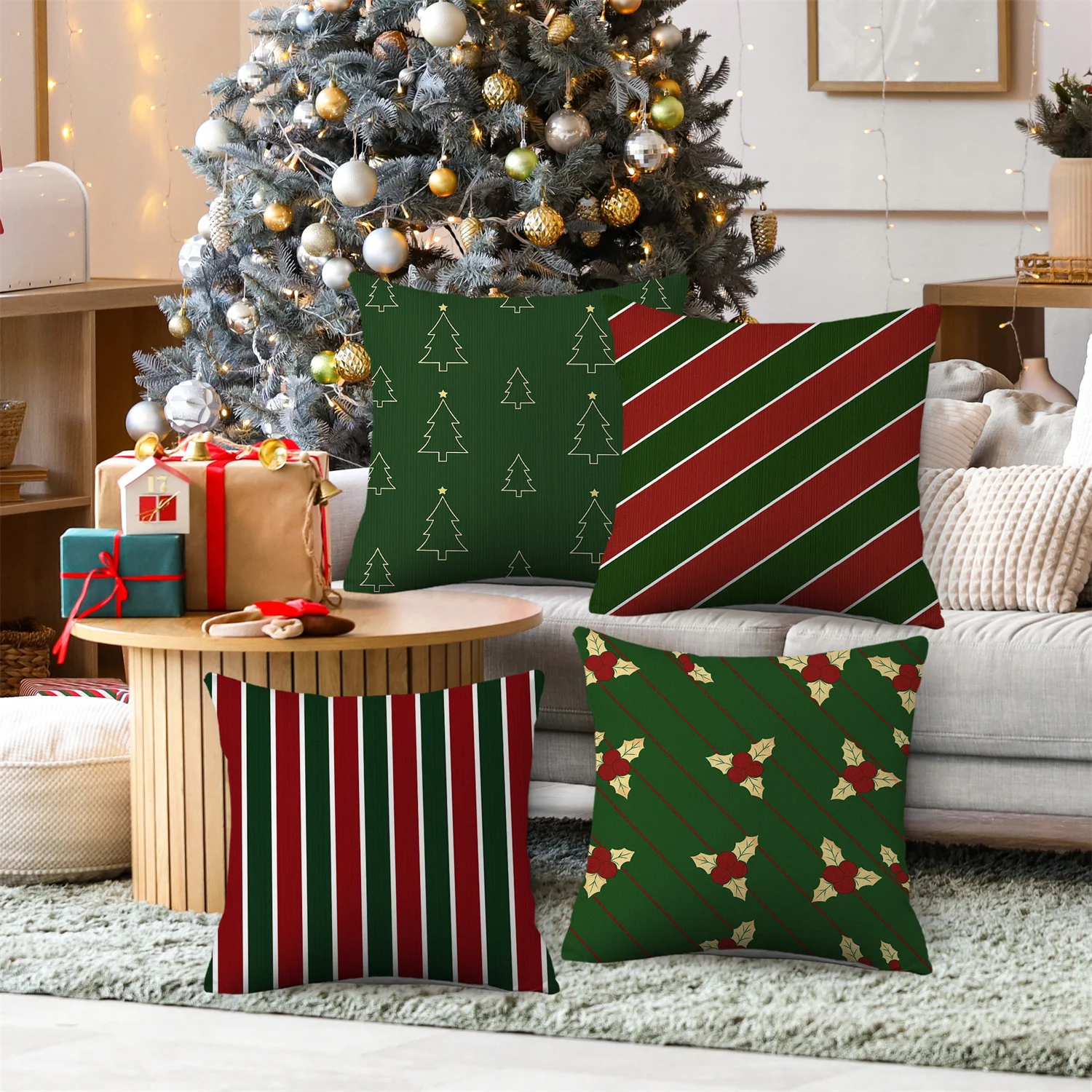 4pcs Red Green Stripe Red Berries Christmas Throw Pillow Covers Golden Leaves Christmas Tree Designs, Zip Closure