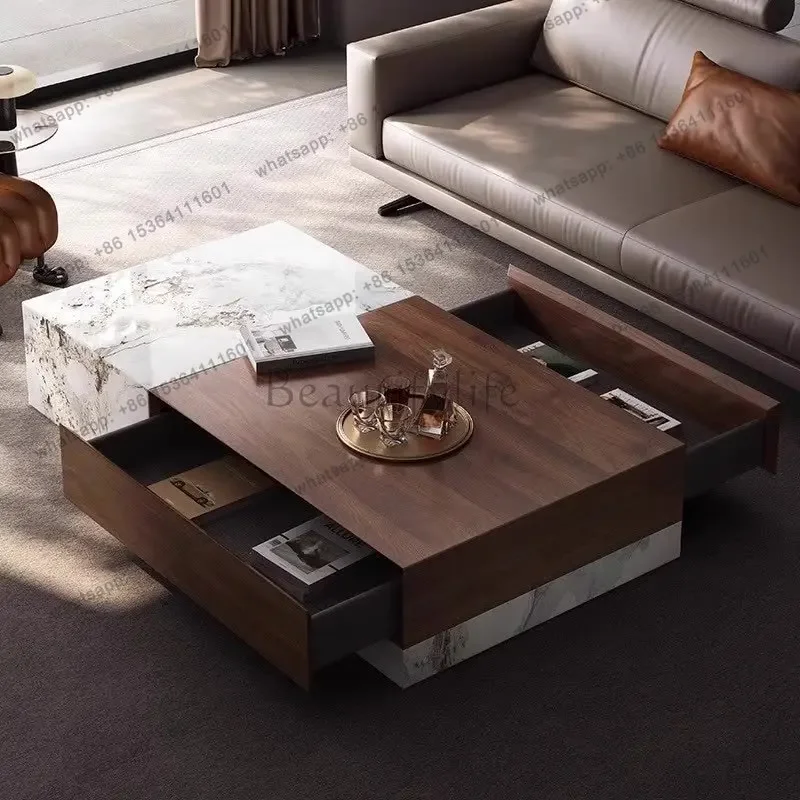 

Italian Wood & Quartz Square Coffee Table, Luxury Compact Design for Small Space, Heat & Scratch Resistant, Customizable