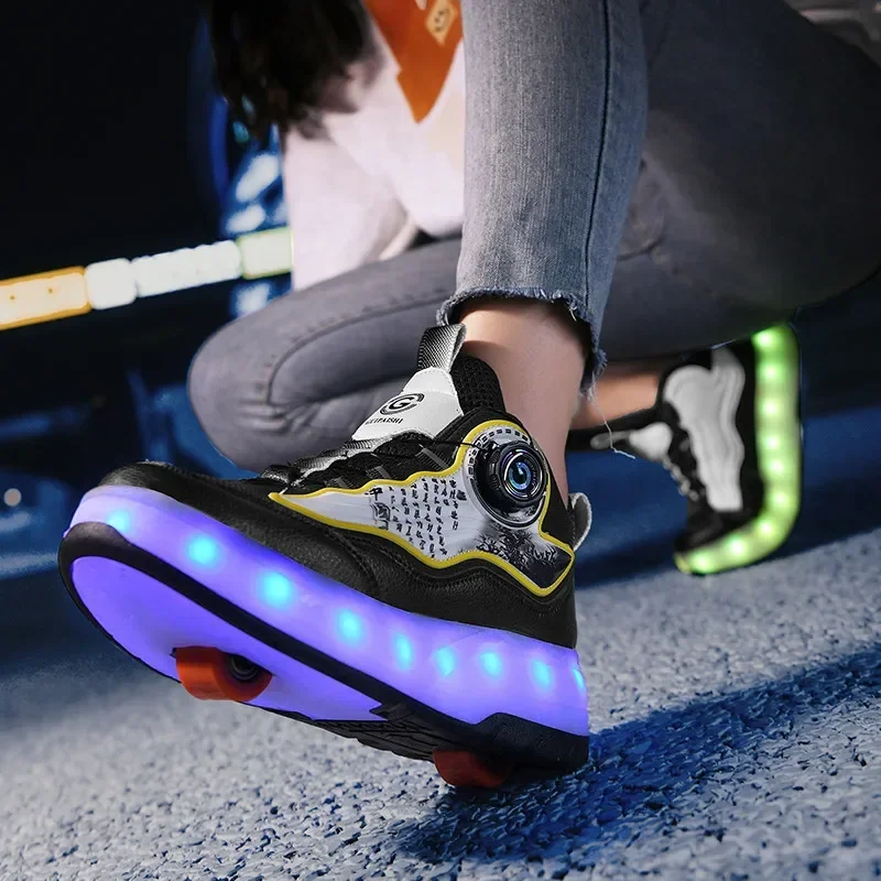 New Parkour With LED Roller Shoes Fashion Men 2-Wheel Retractable Sneakers With Wheels Unisex Racing Roller Skates Casual Shoes