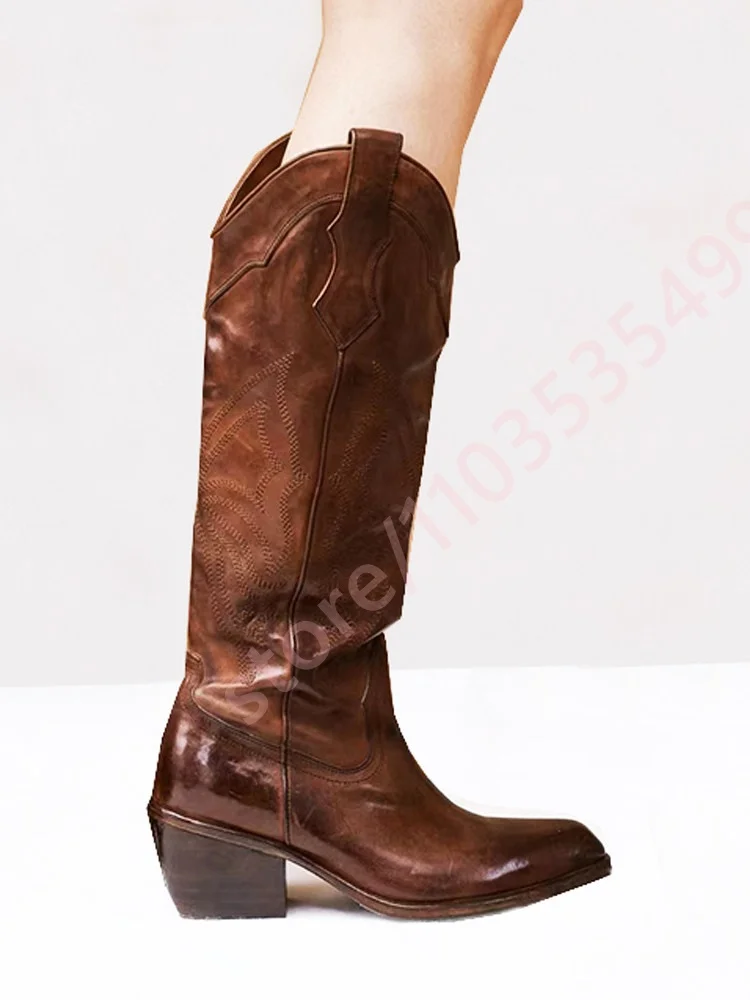 Retro Chunky Heel Embroidered Western Cowboy Boots 2026 Spring Pointed Toe Brown Calf Boots Street Casual Women's Long Boots