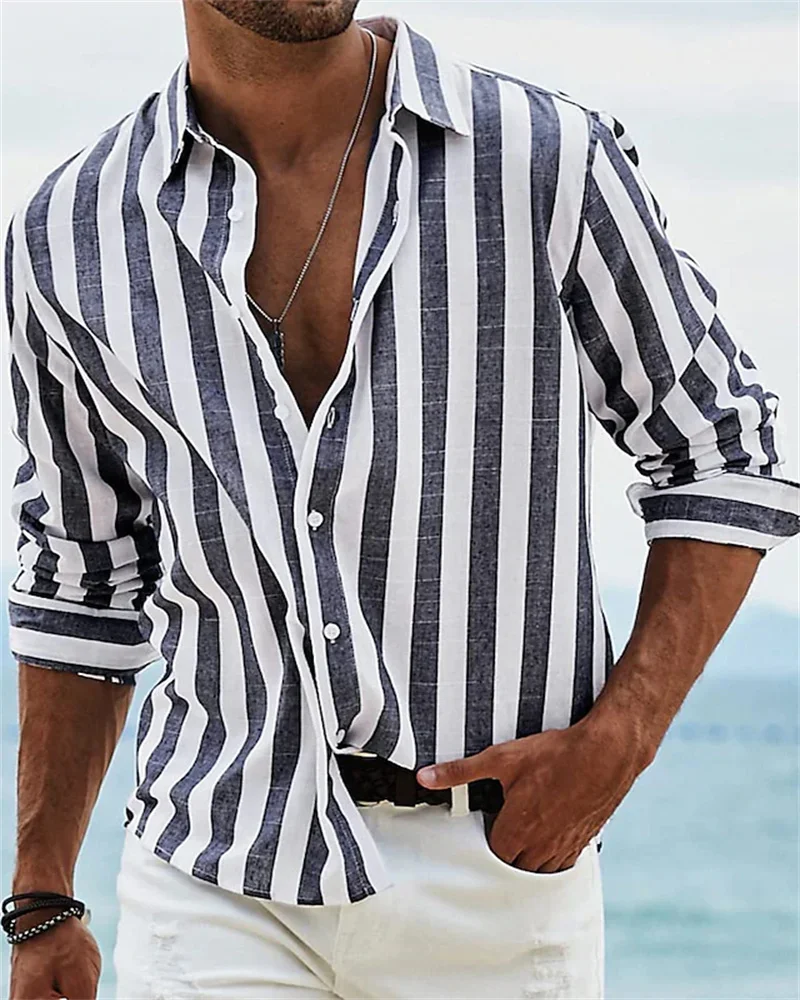 2024 New men\'s long-sleeved blue striped printed shirt men\'s social upscale men\'s Hawaiian style elegant classic fashion top