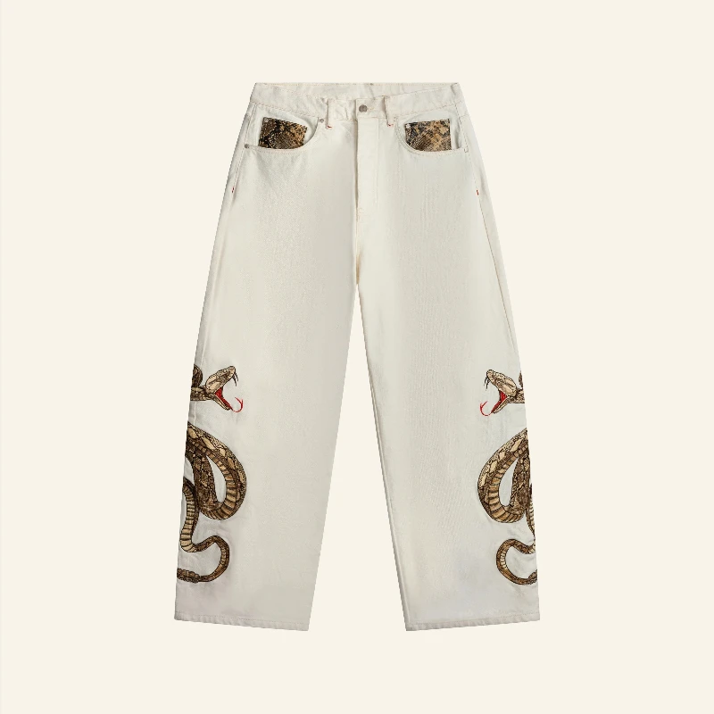 Y2K Retro Snake Jeans Rattle Snake Embroidery Snakeskin Leather Pocket Artwork Denim Jeans Fashion Streetwear Unisex Baggy Pants