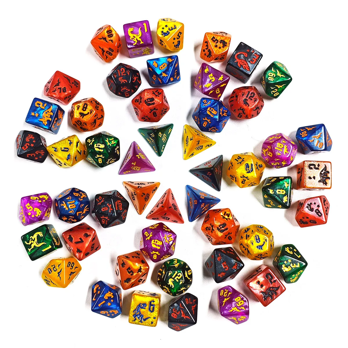 Jurassic Dinosaur Acrylic Dice Set Multi-Color Polyhedral RPG Dice for DND TTRPG, Vintage Amber Style with Dino Footprint Dice