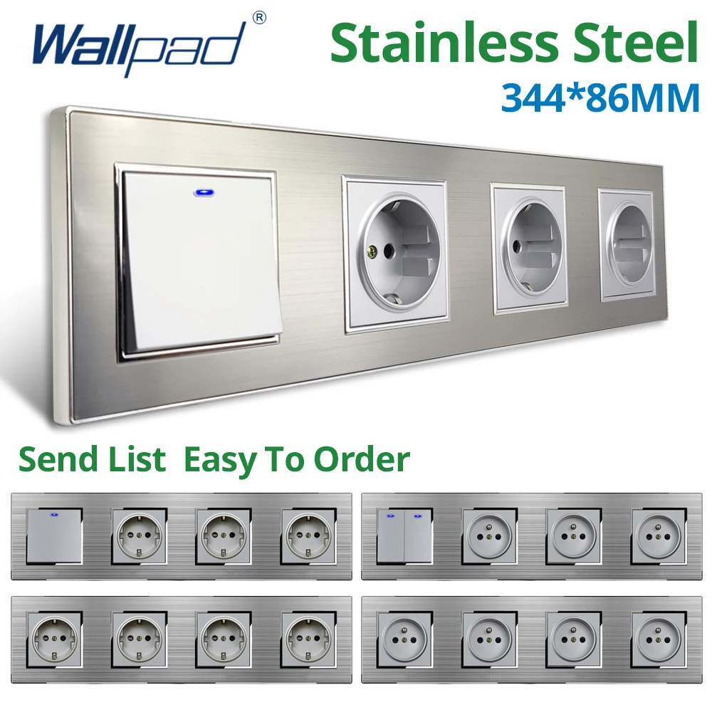 Wallpad Rvs Panel Muur Lichtschakelaar Met Led Indicator Eu Socket 1 2 3 Gang 2 Way Horizontale Verticale