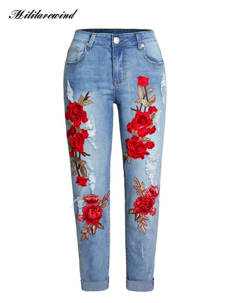 

Hole Ripped Jeans Women Flowers Embroidery Denim Trousers Women Fashion Straight casual Loose elastic Denim Pants Women S-XXXL