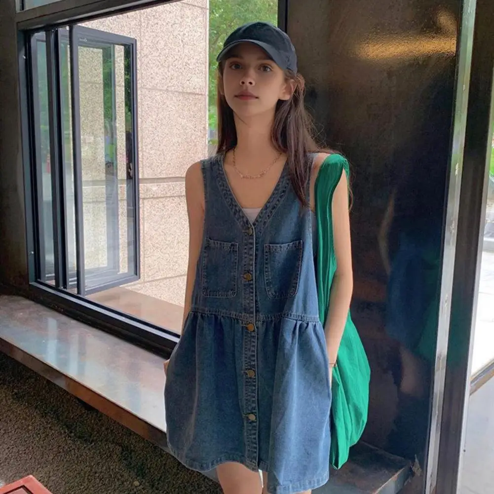 Summer Denim Dress V-neck A-line Large Hem Sleeveless Solid Color Pocket Single-breasted Cardigan Mini Party Skirt