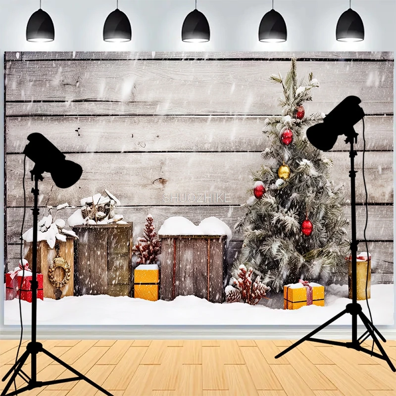 

Christmas Day Fireplace Photography Backdrops Large Window Living Room Wreach Xmas Tree Fireplace New Year Background XH-36