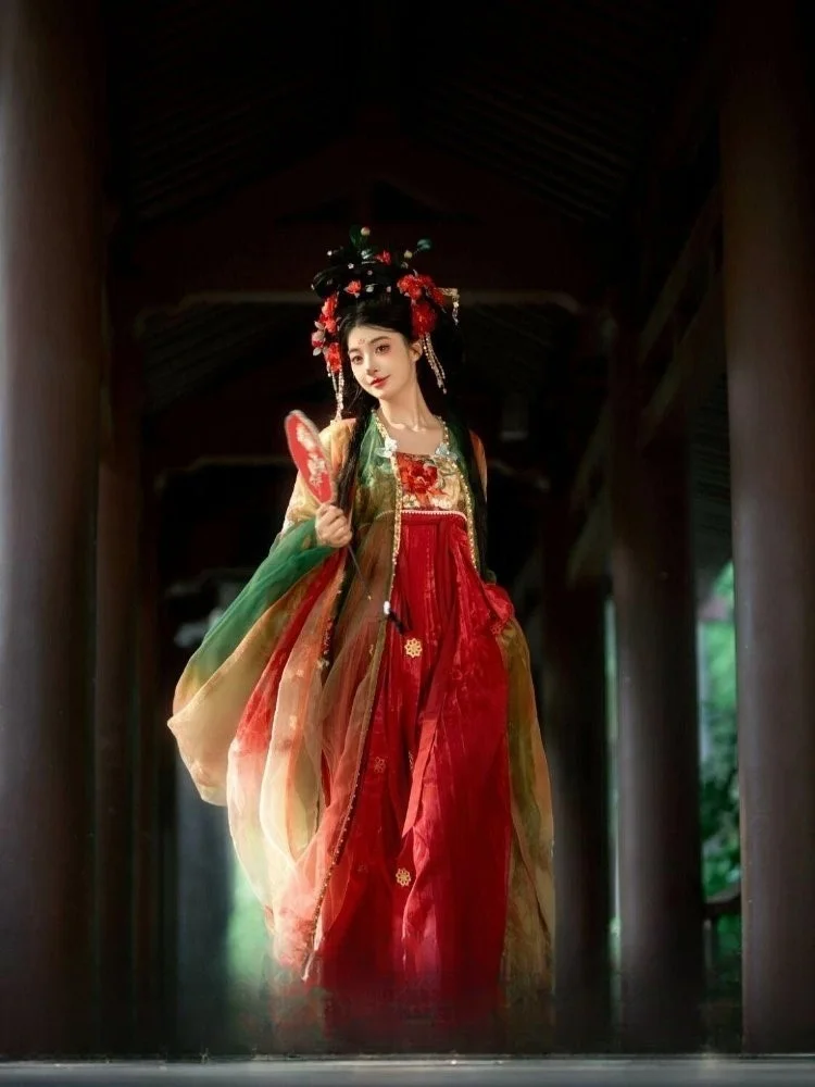 

Hanfu women's embroidered large-sleeved shirt one-piece chest-length blouse and skirt traditional Chinese style red green suit