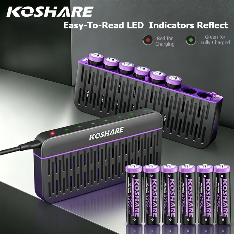 KOSHARE Rechargeable AA Lithium Batteries 4255mWh High Capacity Li-ion Battery With 8/12 Slot Independent Battery Charger Set