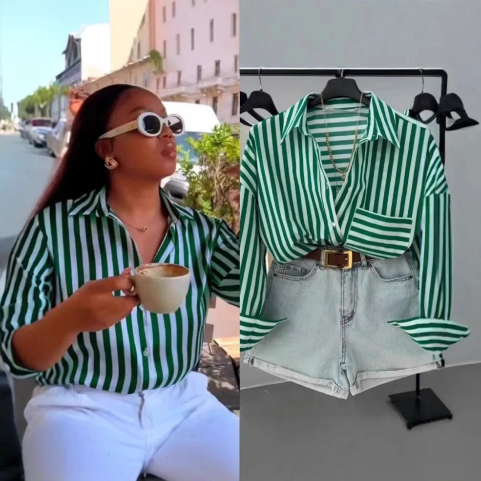 

Women Stripes Shirt Long Sleeve Blouses Turn Down Collar Button Single Breasted Loose Y2k Casual Office Lady Elegant 2025 Spring