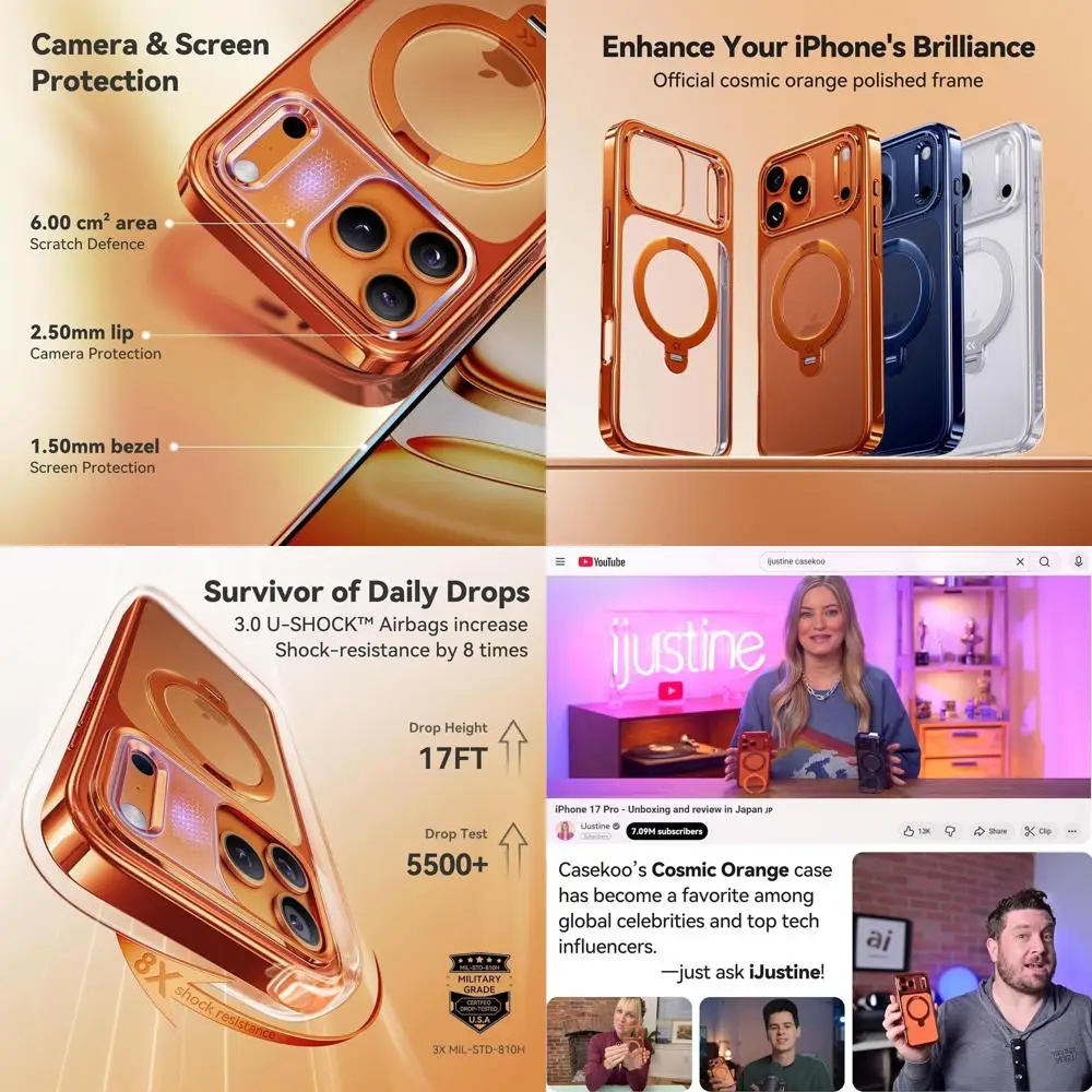 

Cosmic Orange Glossy for iPhone 17 Pro Max Case [360 Spin Magnetic Stand][Fit for MagSafe][17FT Military Protection] Slim Polish