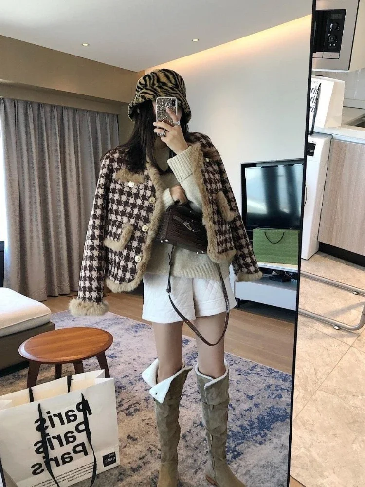 Women Fleece Lined Houndstooth Wool Blend Coat Winter Thick Warm Tweed Jacket Fringed Edge Outerwear