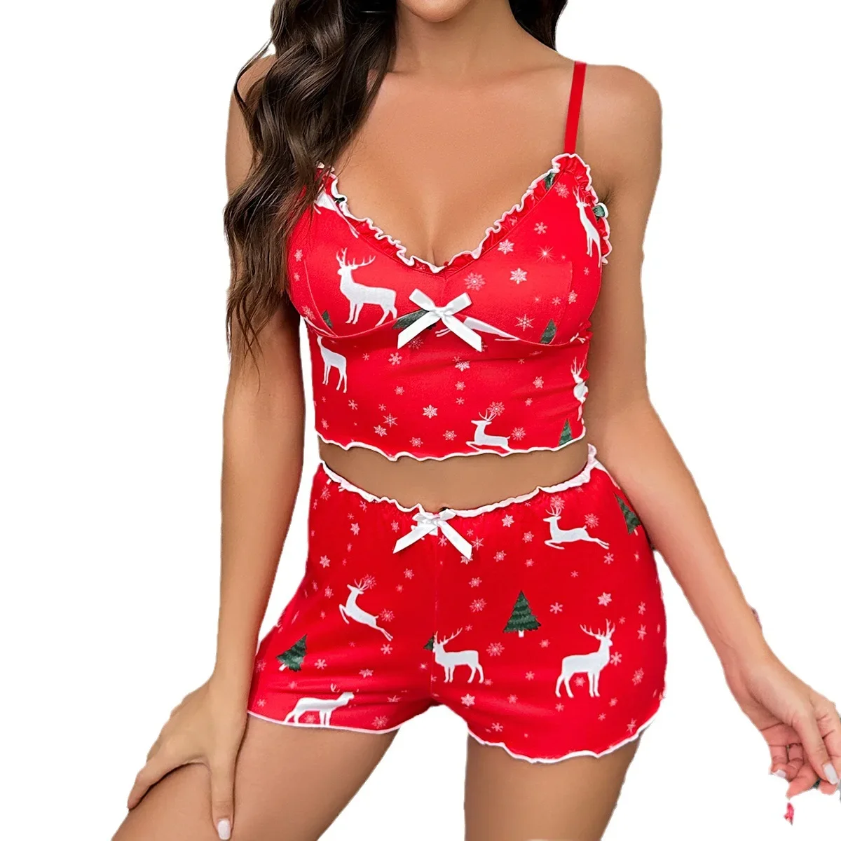 2pcs/set Sexy Christmas Pajamas Cute Christmas Tree Pattern Vneck Underwear Set Sexy Seductive Passion Set Ladies Home Wear