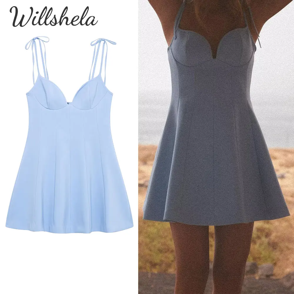

Willshela Women Fashion Blue Mini Camisole Dress Sweetheart Neck Thin Straps Female Chic Mujer Short Vestidos