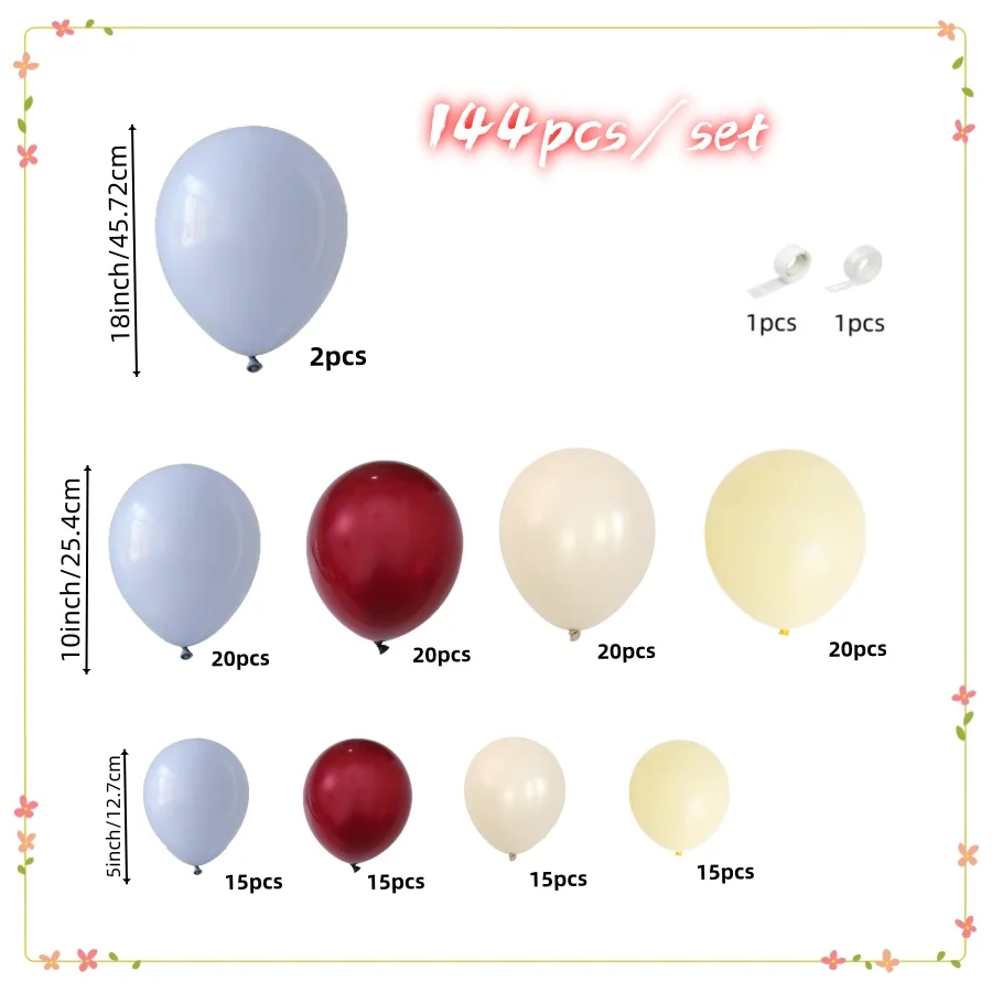 144-teiliges Prinzessinnen-Ballon-Girlanden-Set, Burgunderrot, Blau, Gelb, Sandweiß, Latexballons, geeignet für Frühlings-Teepartys, Mädchen-Geburtstagsfeiern, Junggesellinnenabschiede, Babypartys, Märchen-Prinzessinnen-Themenpartys – Detail 2