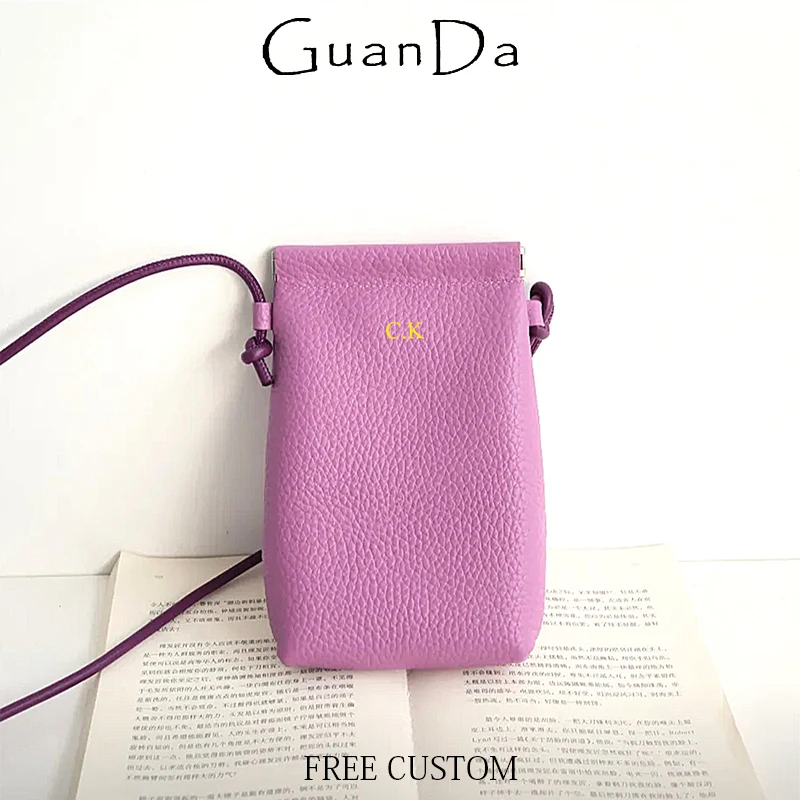 Luxury Woman Cowhide Crossbody Bag Genuine Leather Custom Letters Phone Bags Clip Fashion Classic Casual Purse Wallet Pouch Gift