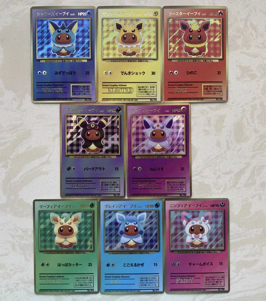 8Pcs/set Pokemon DIY Colorful Flash Gold Stamping Eevee Cos Eeveelution Cosplay Card  Anime Figure Collection Card Toy Gift