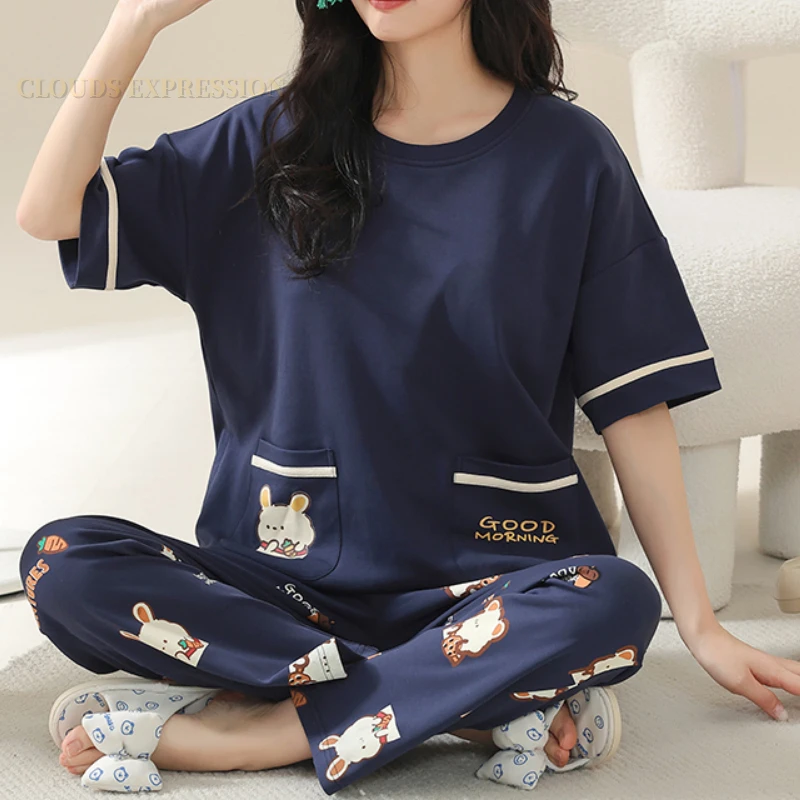 Conjunto de Pijama de manga corta para Mujer, ropa de dormir de punto con estampado de oso de dibujos animados, a cuadros, elegante, para estar en